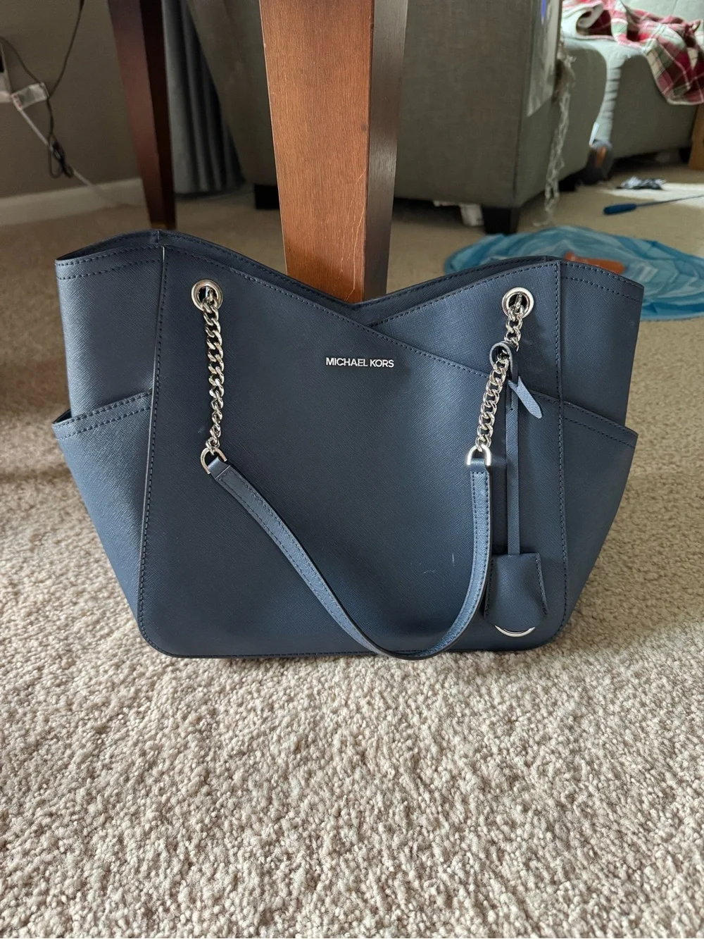 Michael Kors Navy Saffiano Tote with Silver Chain Accents